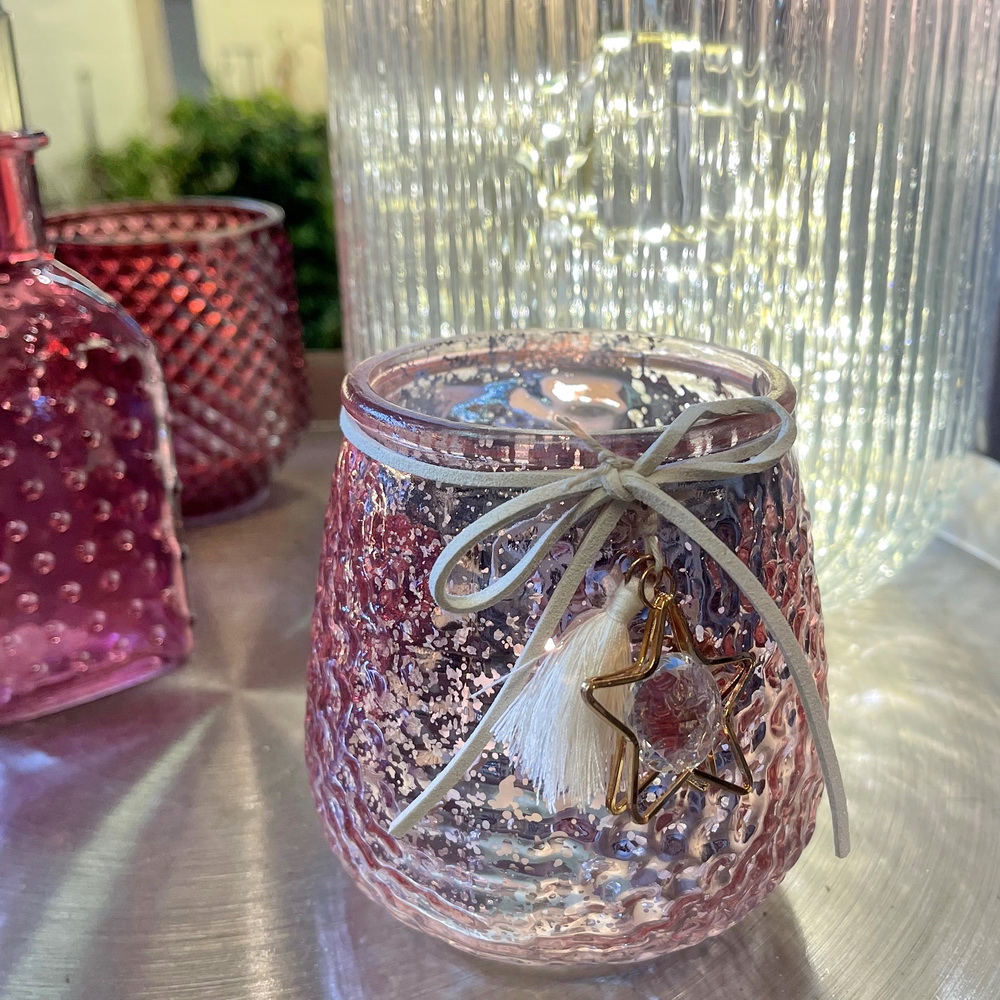 Windlicht rosa Stern & Quaste Metall / 10 cm ca. Glas mit Keramik 